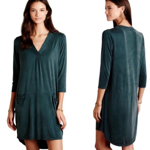 Dolan Left Coast Anthropologie Cupro High Low V-Neck 3/4 Sleeve Green Dress XS - Picture 1 of 11